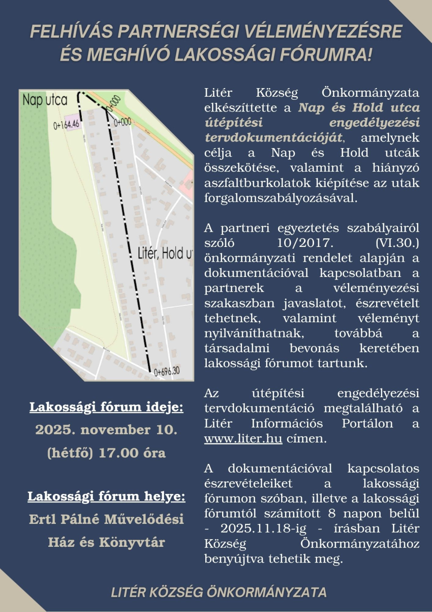 Partnerségi véleményezés és meghívó lakossági fórumra - Nap és Hold utca útépítés engedélyezési tervdokumentáció