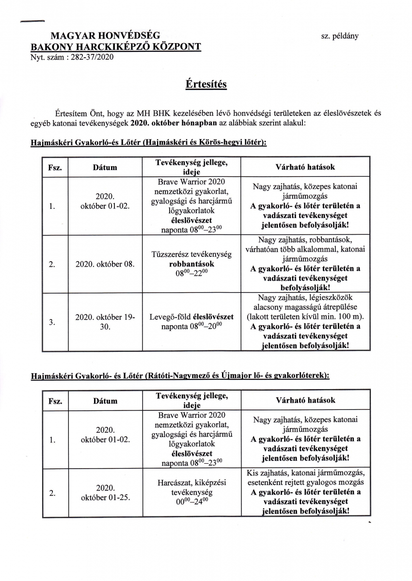MH Bakony Harckiképző Központ 2020. Október havi lőtérértesítője