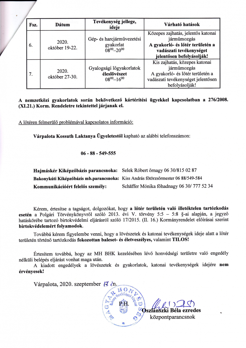 MH Bakony Harckiképző Központ 2020. Október havi lőtérértesítője