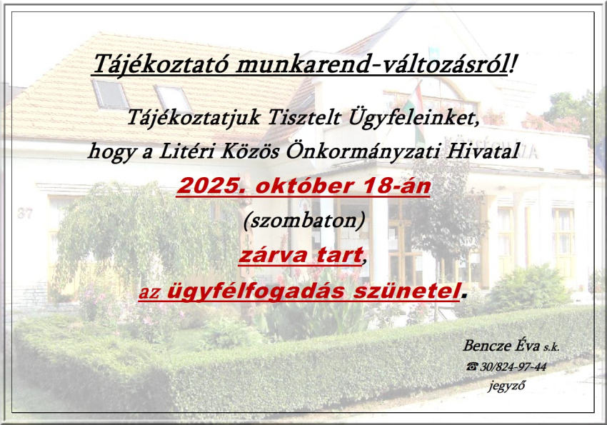 Tájékoztató munkarend-változásról - 2025.10.18.