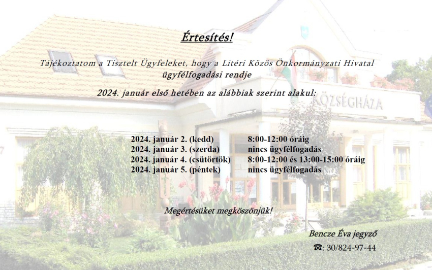 Tájékoztató munkarendről 2024. január első hetében!
