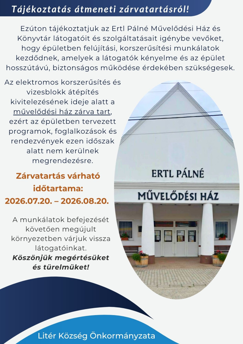 Tájékoztatás művelődési ház és könyvtár átmeneti zárvatartásáról!