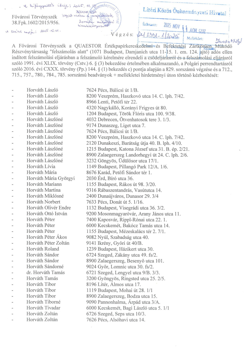 Hirdetmény - Fővárosi Törvényszék 38.Fpk.1602/2015/956 végzése