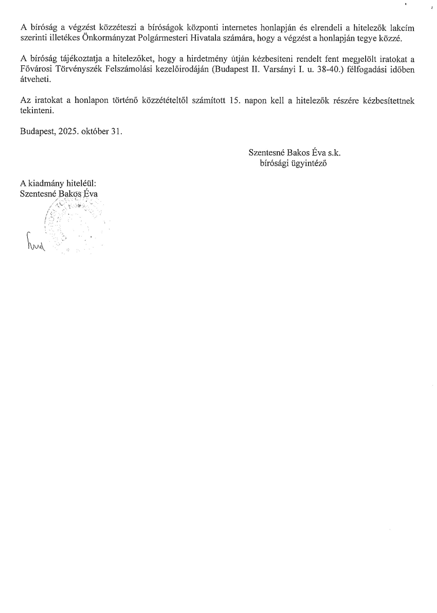 Hirdetmény - Fővárosi Törvényszék 38.Fpk.1602/2015/956 végzése