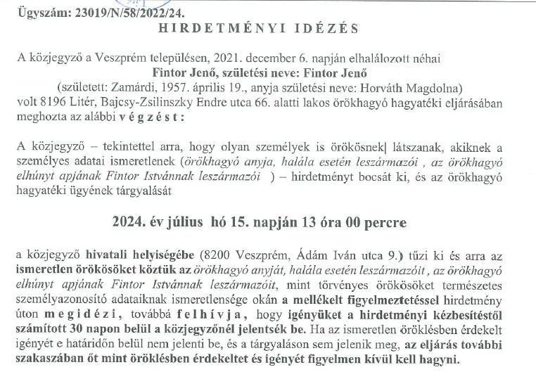 Hirdetményi idézés - Fintor Jenő hagyatéki ügyének tárgyalása!