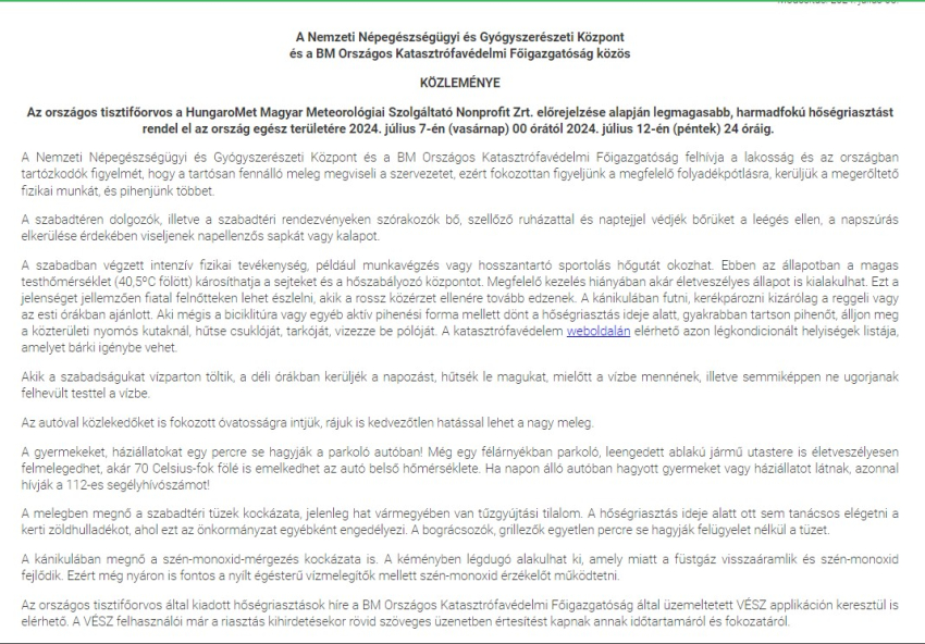 Harmadfokú hőségriasztás! 2024.07.07 - 2024.07.12.