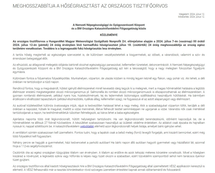 Meghosszabbított hőségriasztás 2024.07.18. éjfélig!