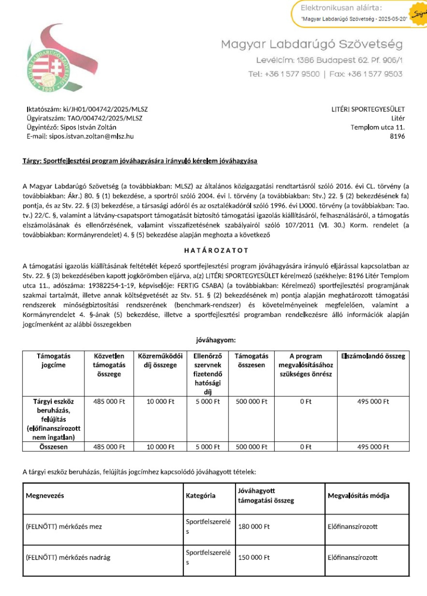 Litéri Sportegyesület 2025/26 sportfejlesztési programjának jóváhagyó határozata