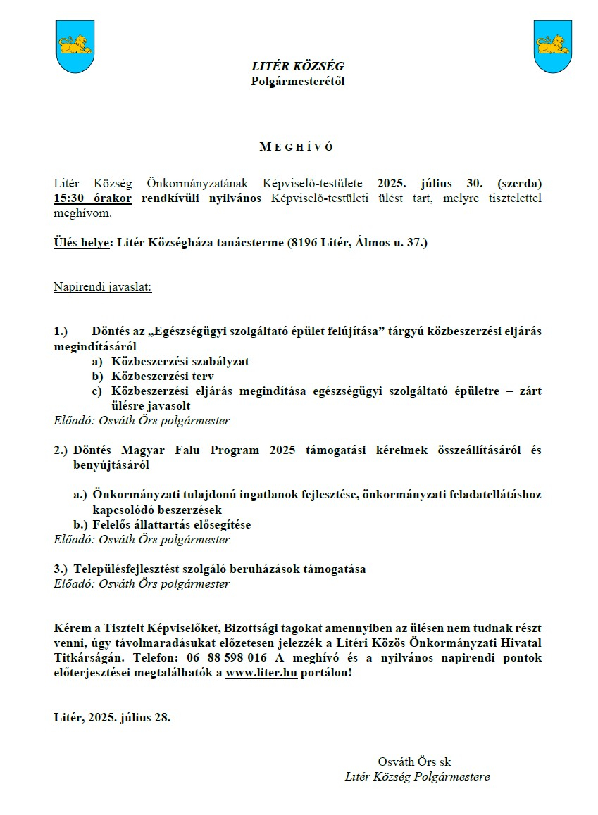 Rendkívüli Képviselő-testületi ülés - 2025.07.30.