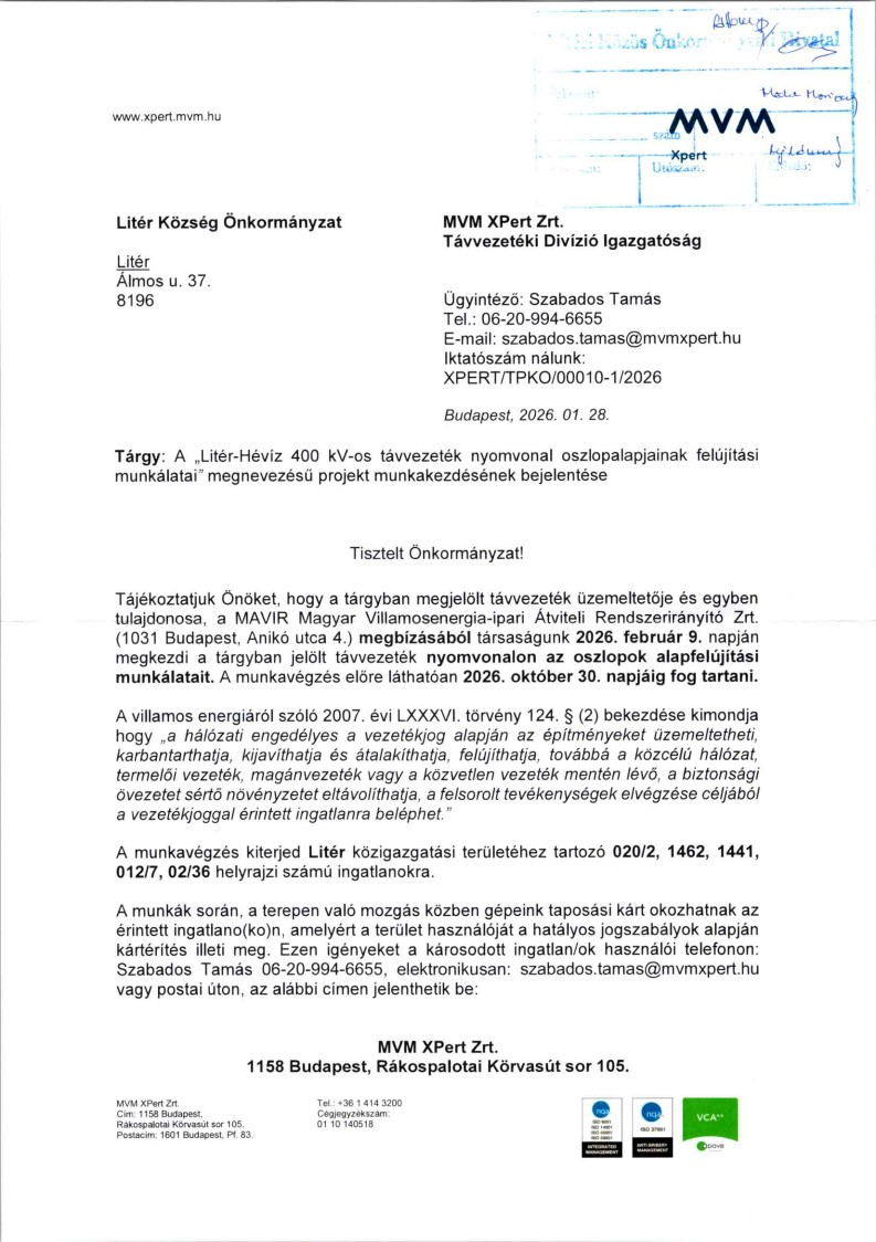 Tájékoztató Litér-Hévíz 400 kV-os távvezeték nyomvonal oszlopalapjainak felújítási munkálatai