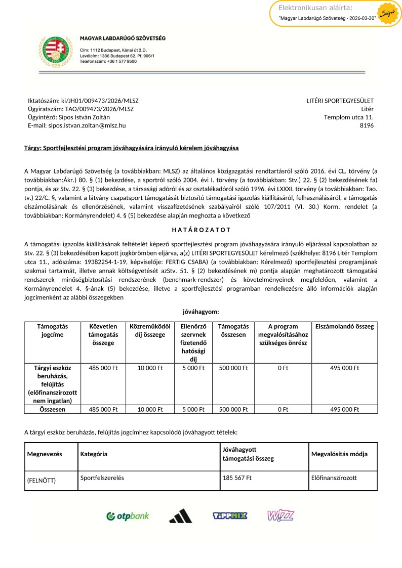 Litéri Sportegyesület 2026/27 sportfejlesztési programjának jóváhagyó határozata
