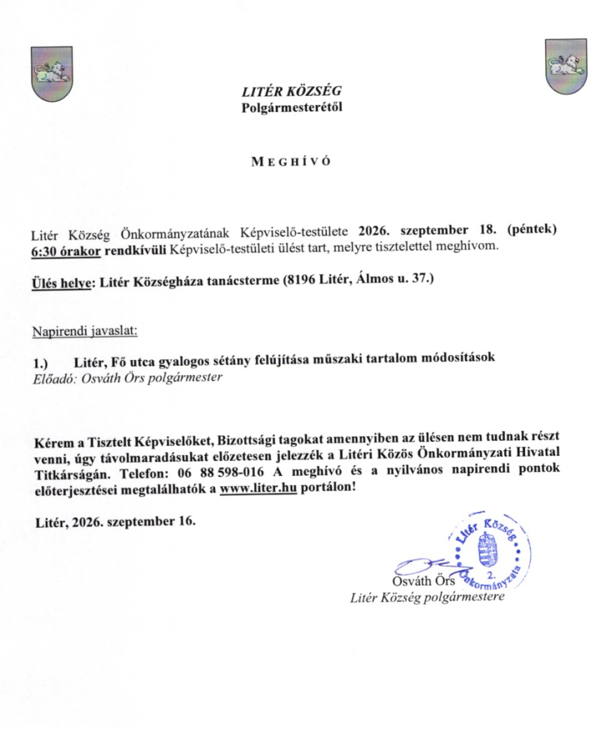 Rendkívüli Képviselő-testületi ülés - 2026.09.18.