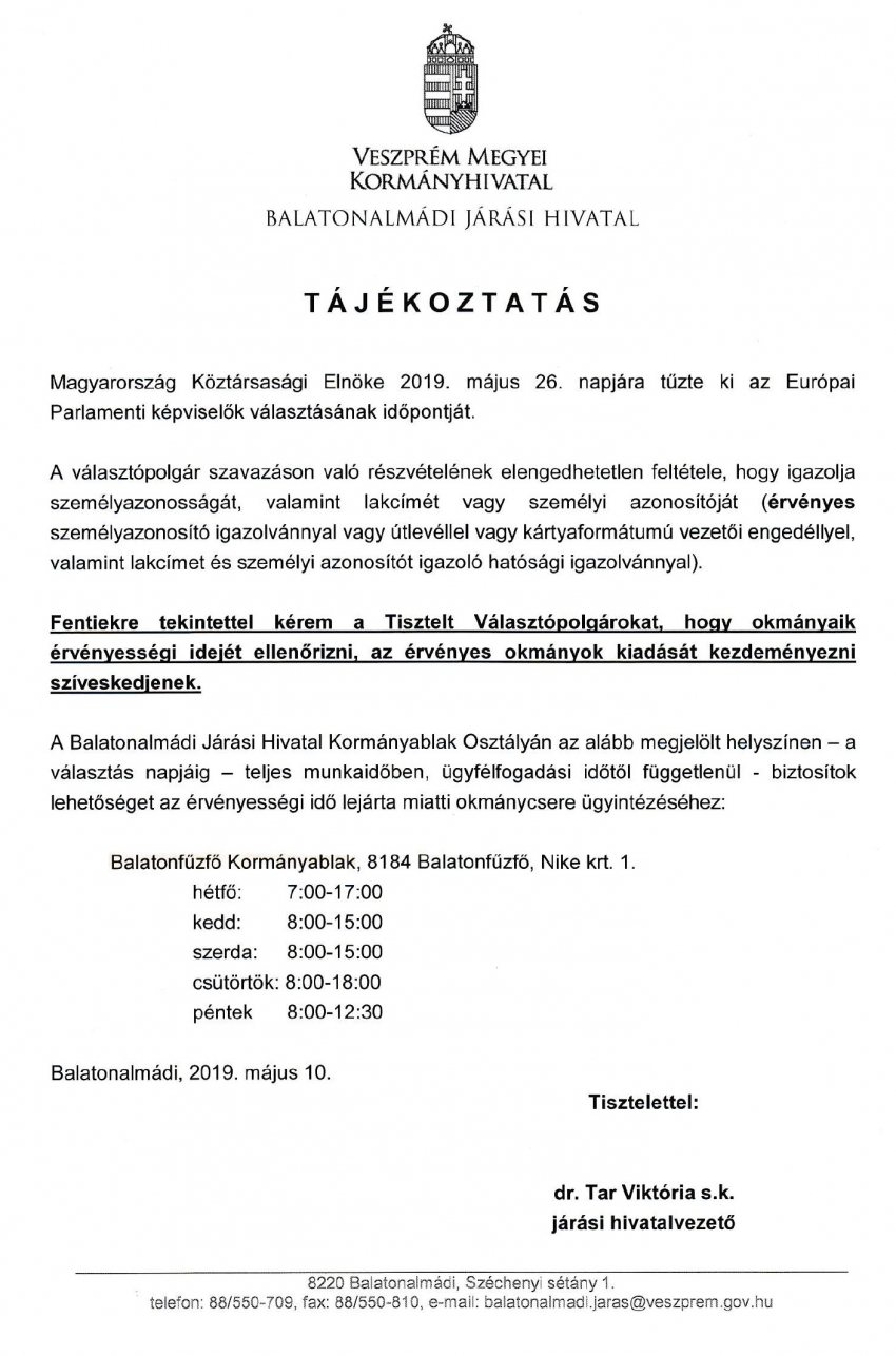 Tájékoztatás érvényességi idő lejárta miatti okmánycsere ügyintézéséről a Balatonfűzfő Kormányablaknál!