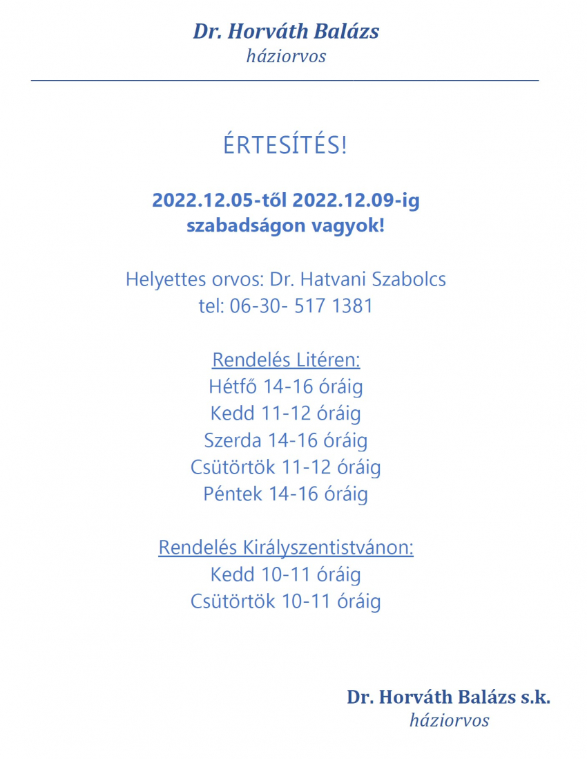 Háziorvosi értesítés helyettesítésről! 