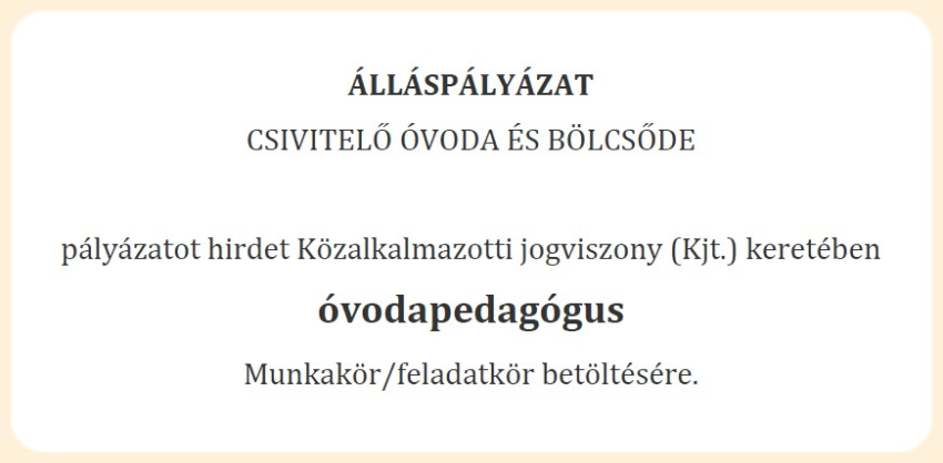 Álláspályázat óvodapedagógus munkakör betöltésére!