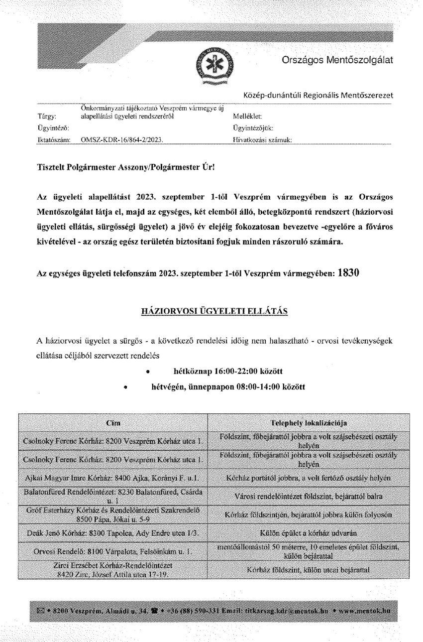 Tájékoztató Veszprém vármegye új alapellátási ügyeleti rendszeréről