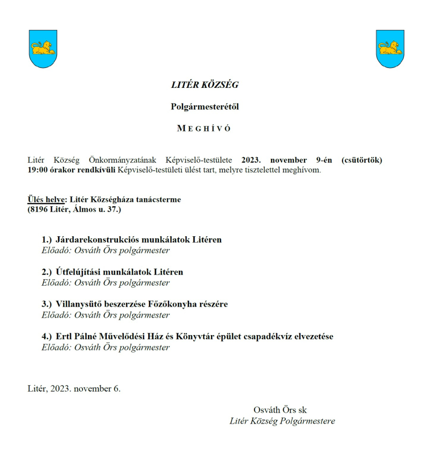 Rendkívüli bizottsági és képviselő-testületi ülés - 2023.11.09.