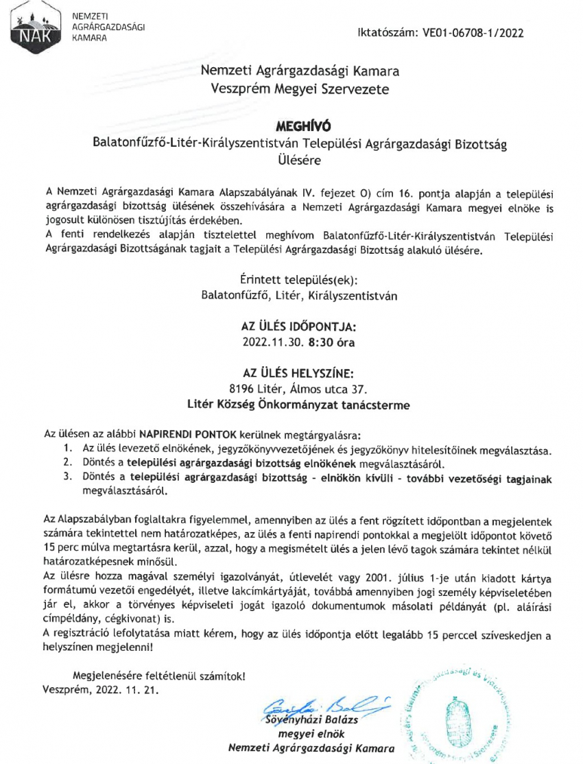 Meghívó - NAK Veszprém Megyei Szervezete Balatonfűzfő-Litér-Királyszentistván Települési Agrárgazdasági Bizottság ülése