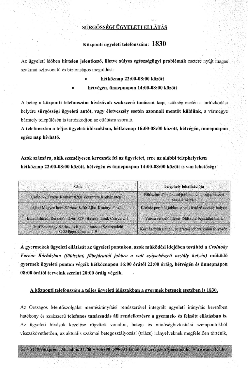 Tájékoztató Veszprém vármegye új alapellátási ügyeleti rendszeréről