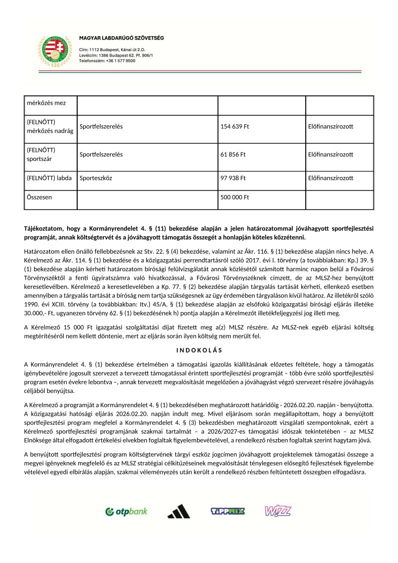 Litéri Sportegyesület 2026/27 sportfejlesztési programjának jóváhagyó határozata