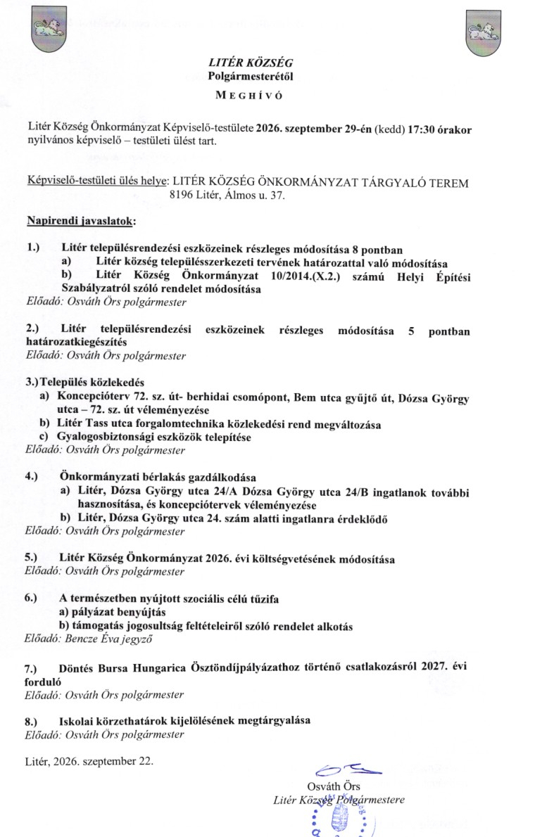 Társulási, bizottsági, képviselő-testületi ülések - 2026.09.29.