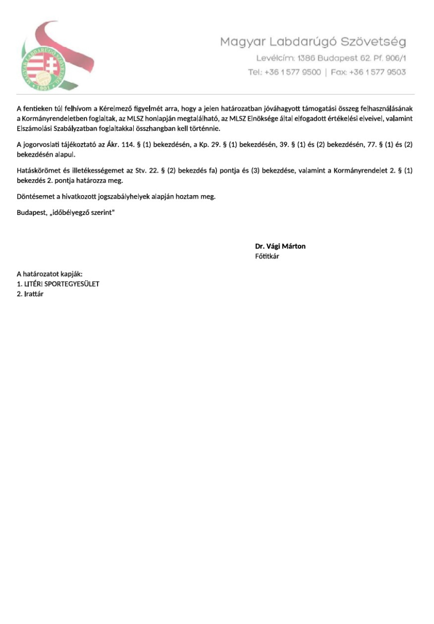Litéri Sportegyesület 2025/26 sportfejlesztési programjának jóváhagyó határozata