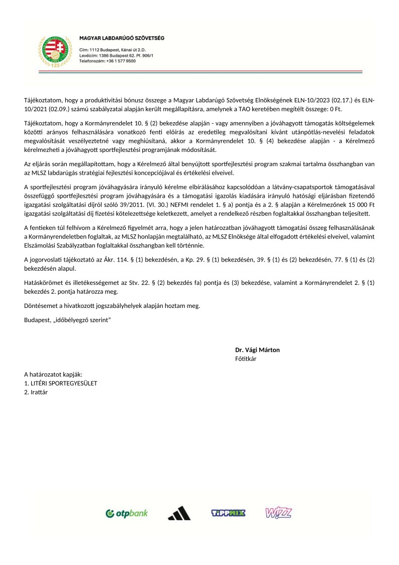 Litéri Sportegyesület 2026/27 sportfejlesztési programjának jóváhagyó határozata