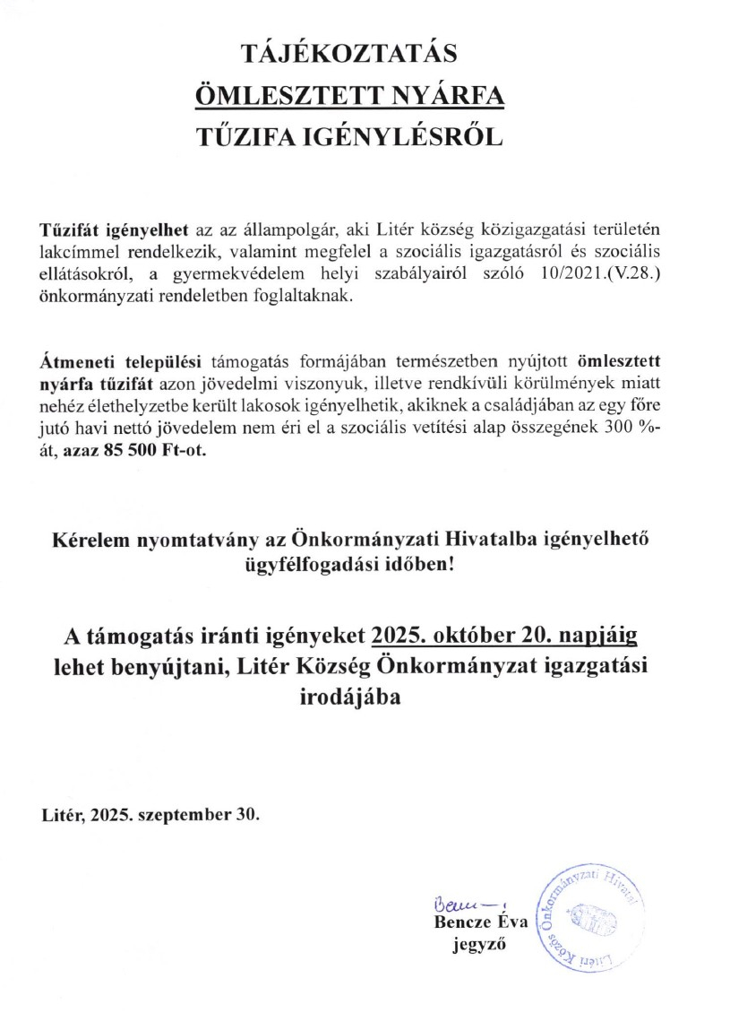 Tájékoztatás ömlesztett nyárfa tűzifa igénylésről!