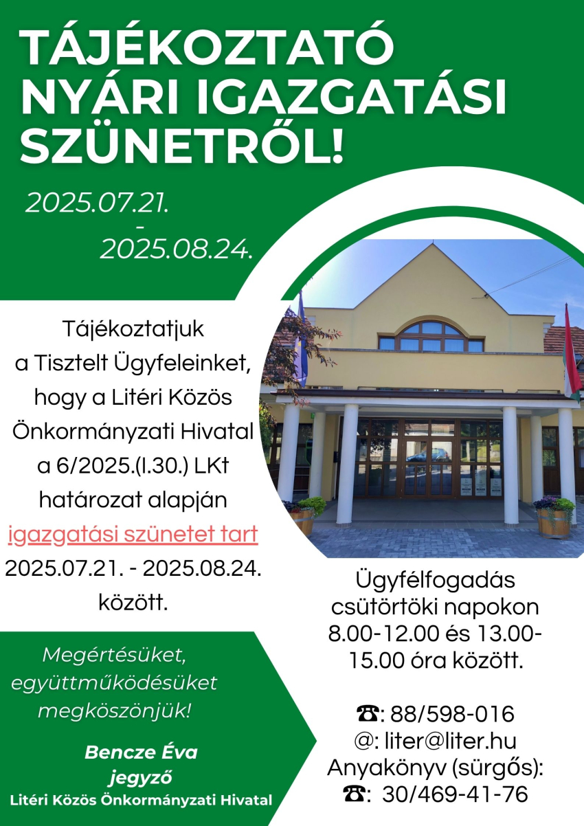 Tájékoztató nyári igazgatási szünetről!