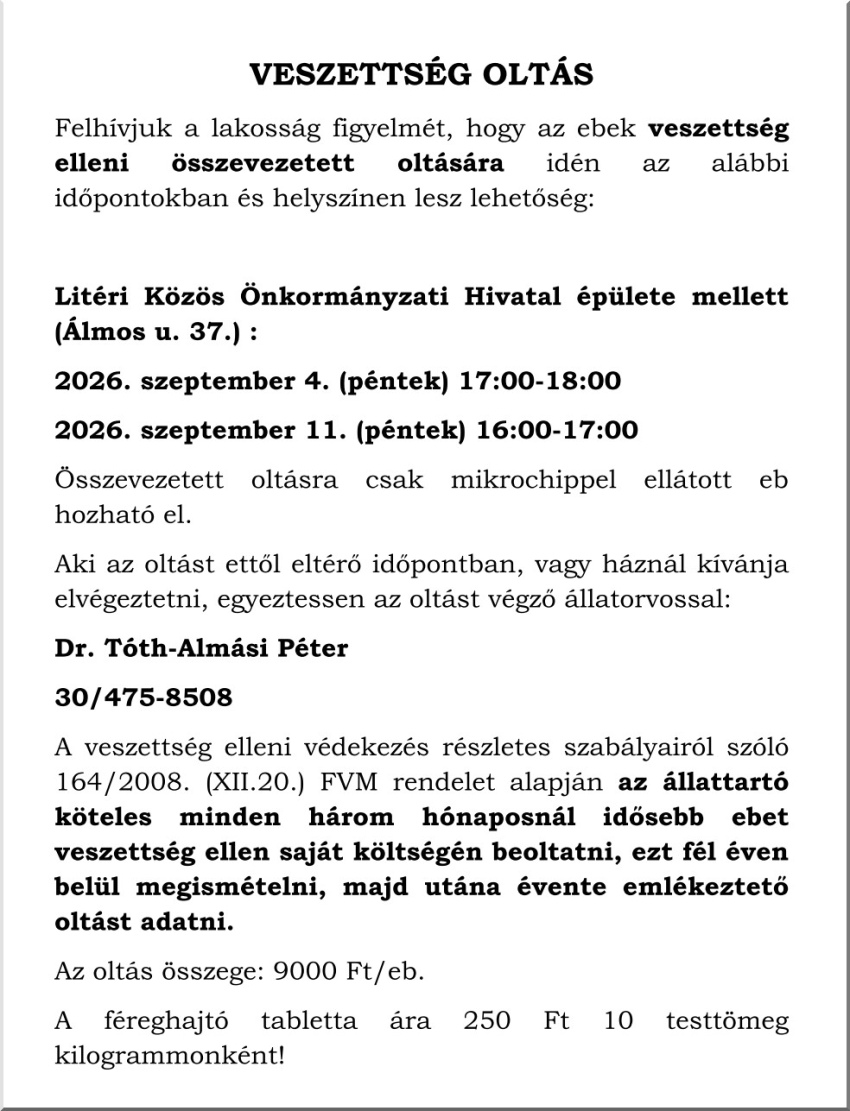 Veszettség elleni összevezetett oltás Litéren!