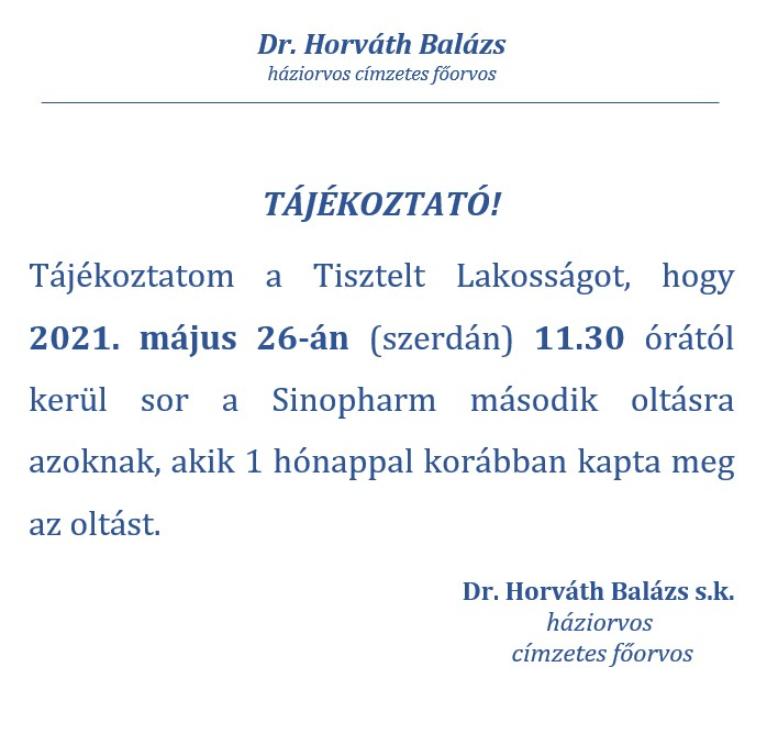 Háziorvosi tájékoztató - 2021.05.26. oltás