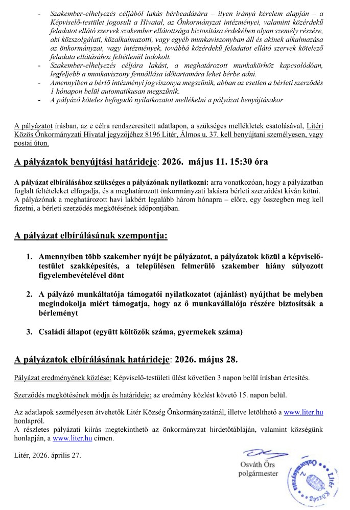 Pályázati kiírás szolgálati lakás bérbeadására!