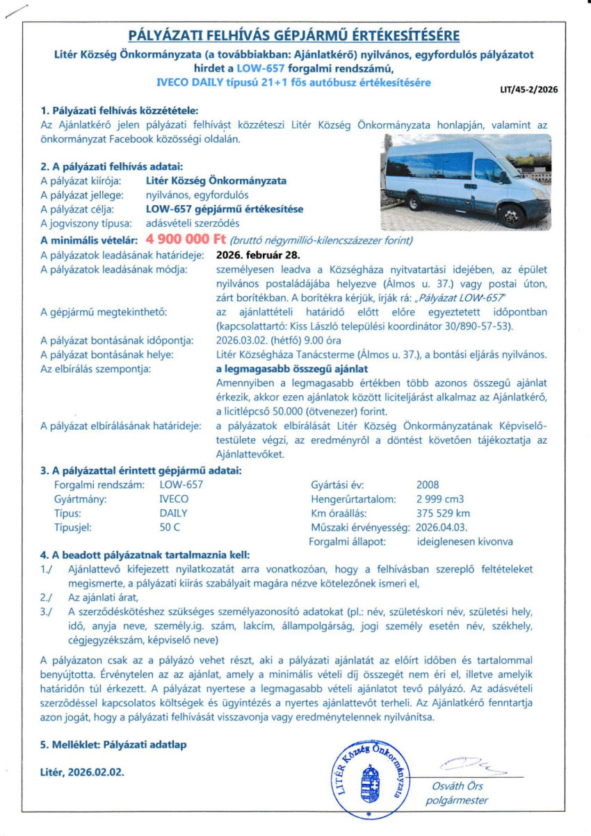 Pályázati felhívás 21+1 fős autóbusz értékesítésére!