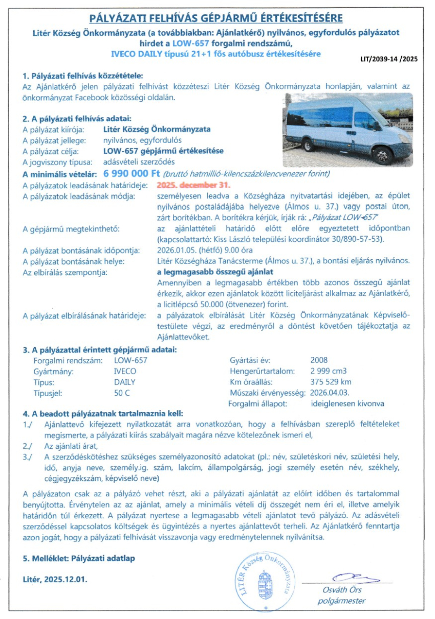 Pályázati felhívás 21+1 fős autóbusz értékesítésére!