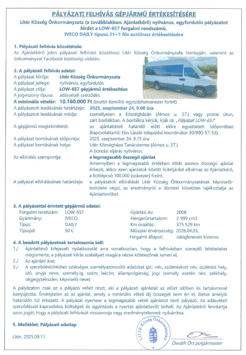 Pályázati felhívás 21+1 fős autóbusz értékesítésére - LOW-657