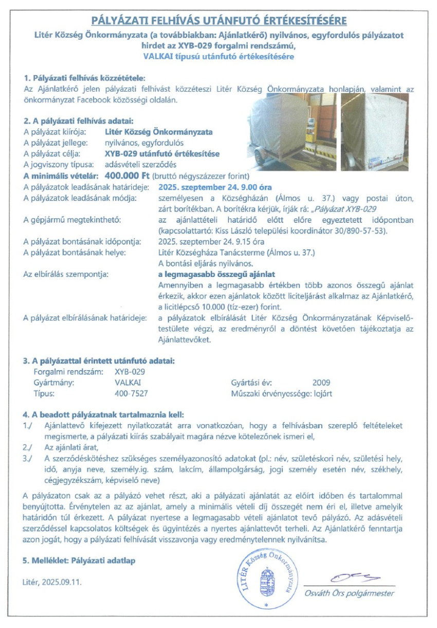 Pályázati felhívás utánfutó értékesítésére - XYB-029