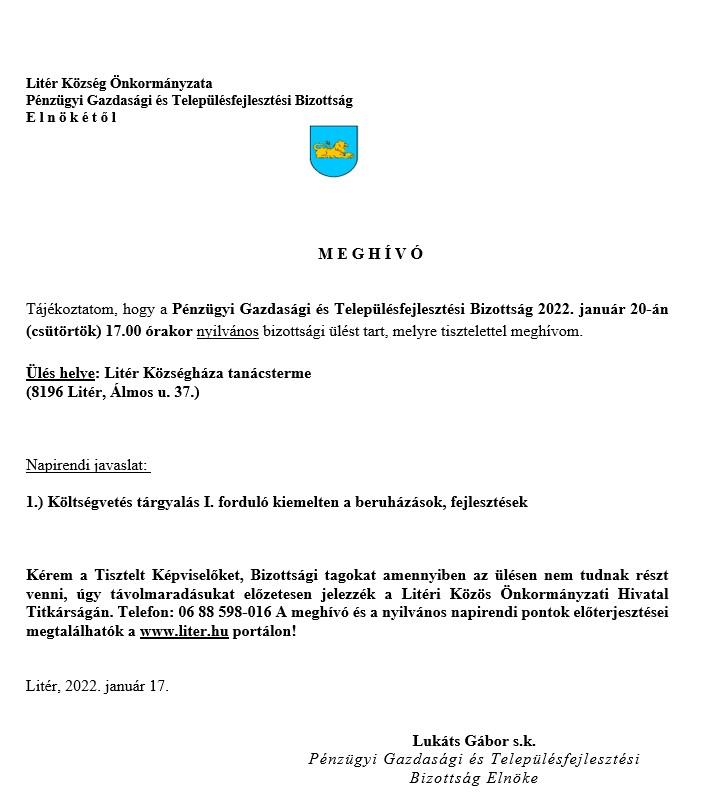 Pénzügyi Gazdasági és Településfejlesztési Bizottság - 2022.01.20.