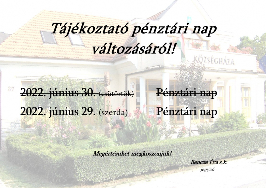 Tájékoztató pénztári nap változásáról!