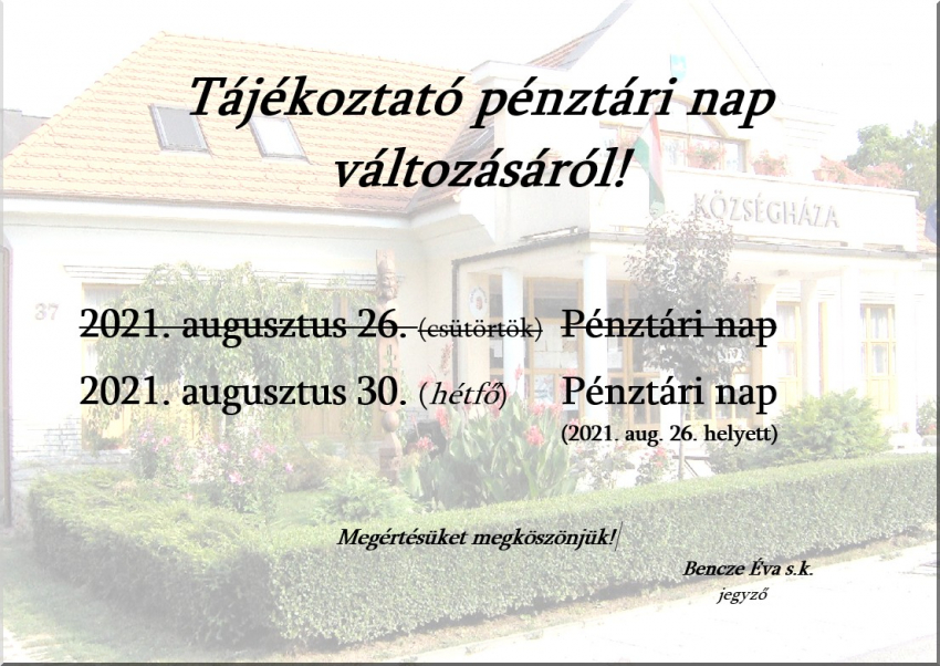 Pénztári nap áthelyezése!