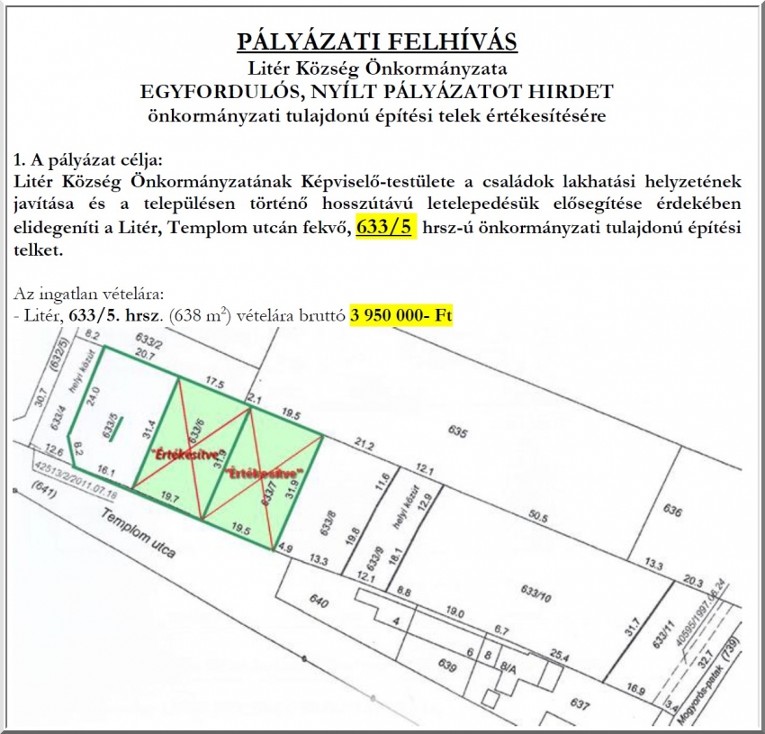 Pályázati felhívás 633/5 hrsz. építési telek értékesítésére