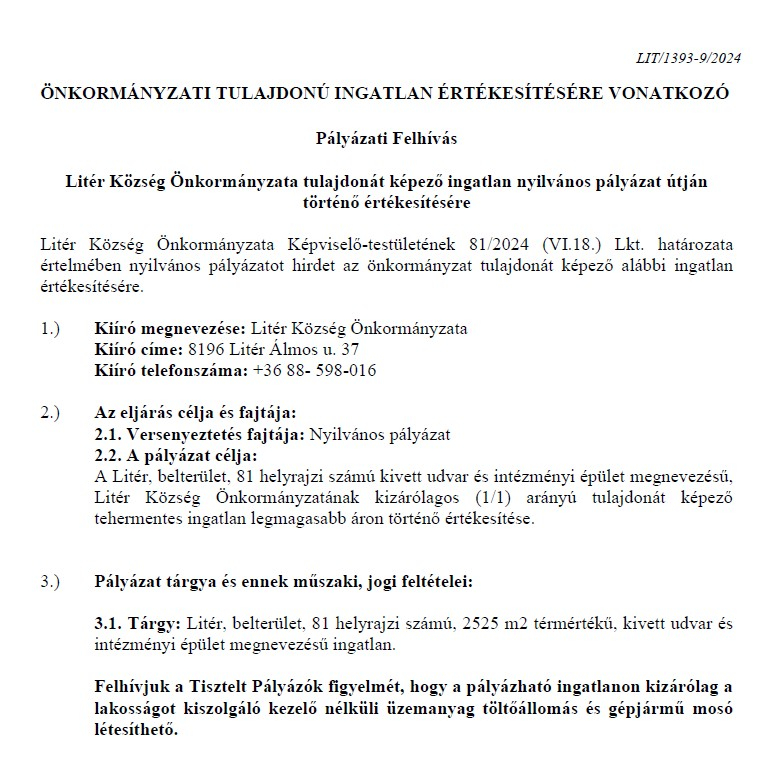 Pályázati felhívás önkormányzati ingatlan értékesítésére - Litér 81 hrsz.
