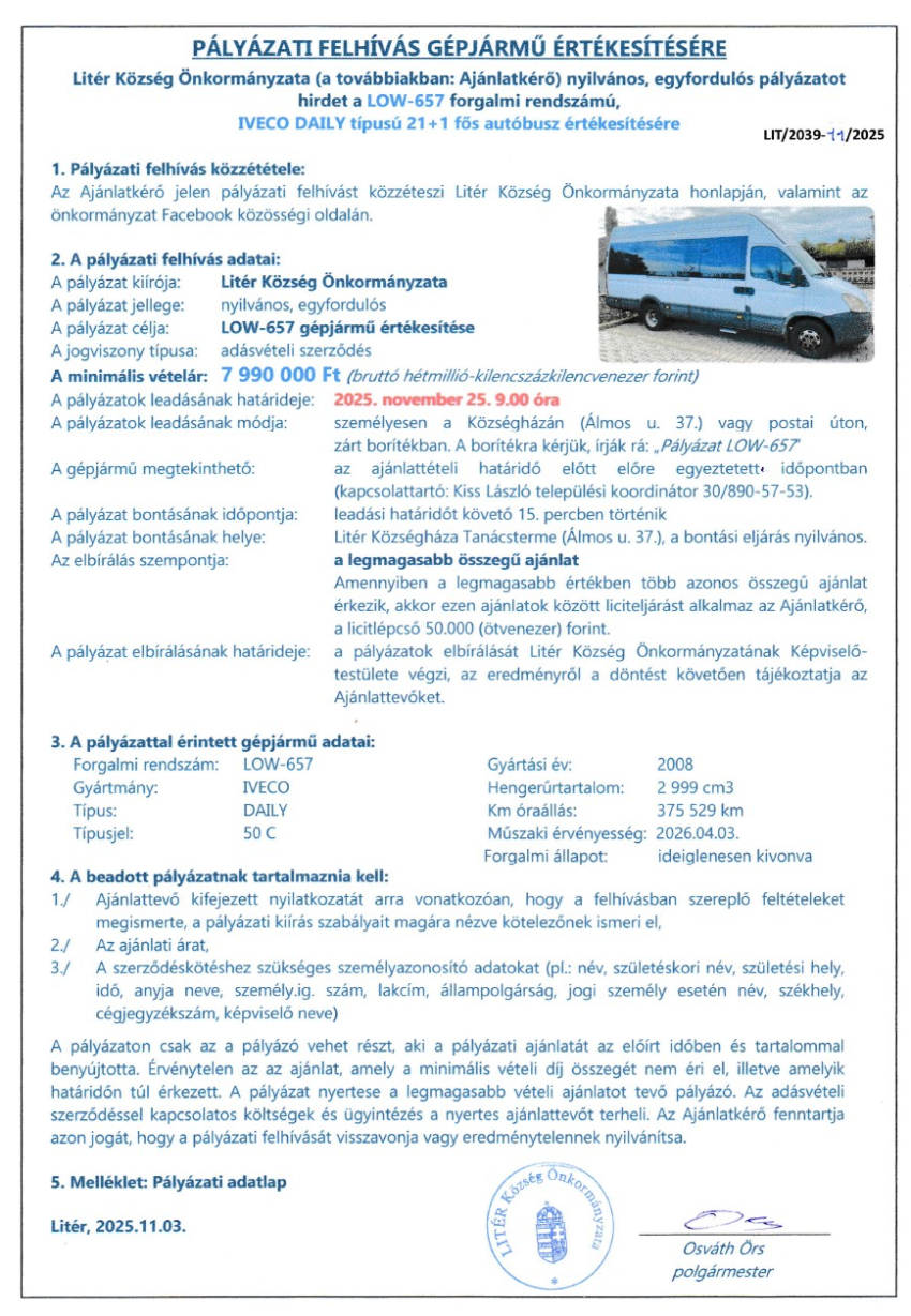 Pályázati felhívás 21+1 fős autóbusz értékesítésére!