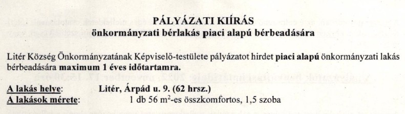 Pályázat önkormányzati bérlakás piaci alapú bérbeadására!