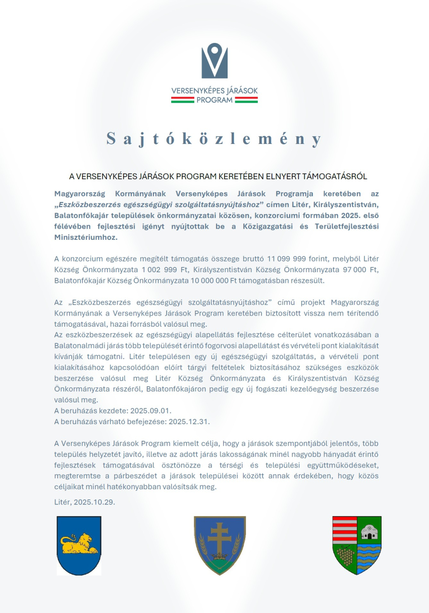 Sajtóközlemény a Versenyképes Járások Program keretében elnyert támogatásról!