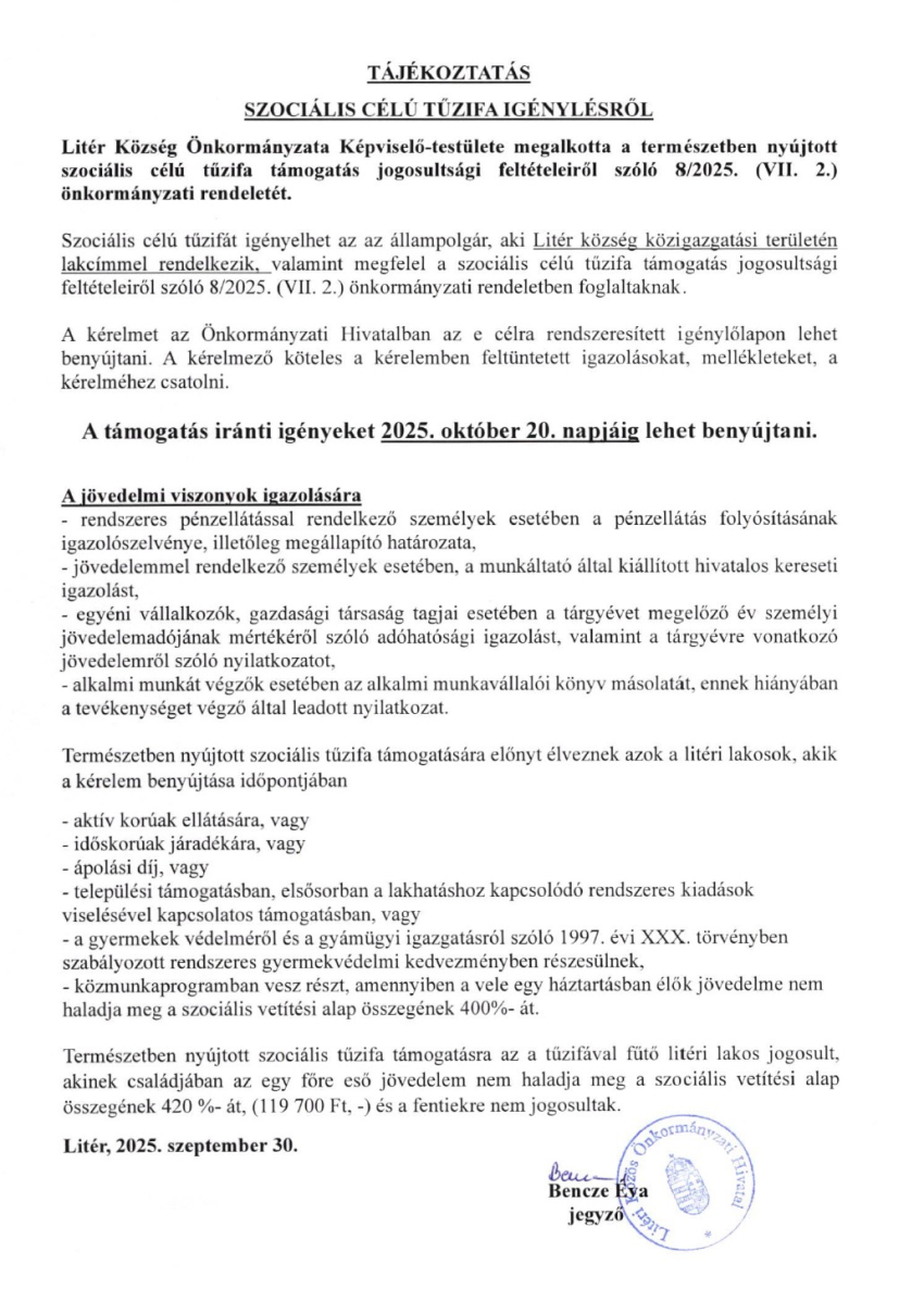 Tájékoztató szociális célú tűzifa igénylésről!