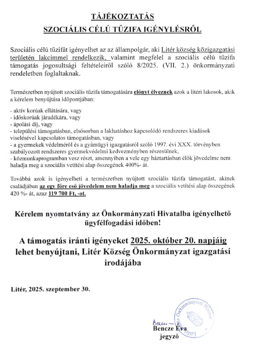 Tájékoztató szociális célú tűzifa igénylésről!