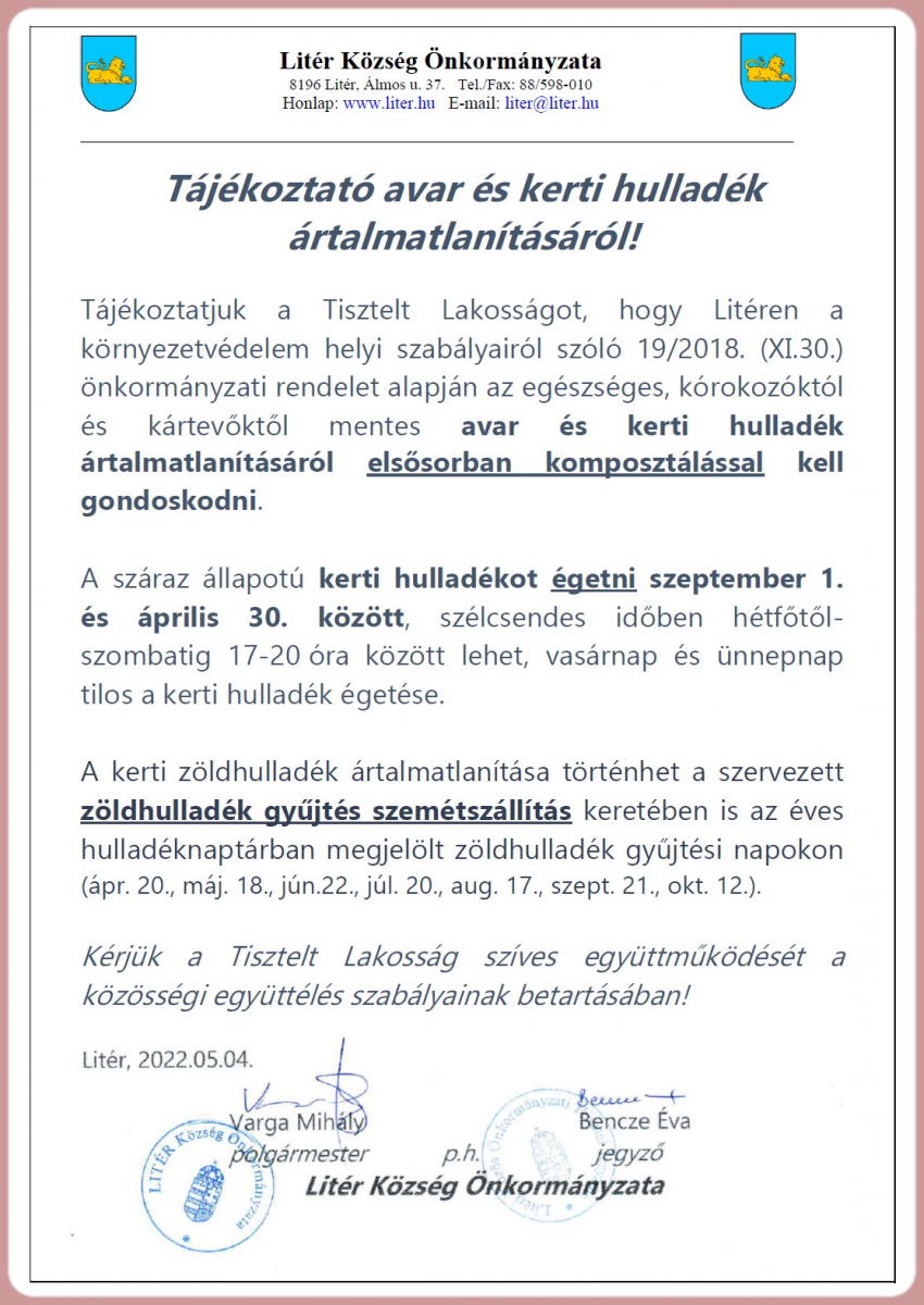 Tájékoztató avar és kerti hulladék ártalmatlanításáról!