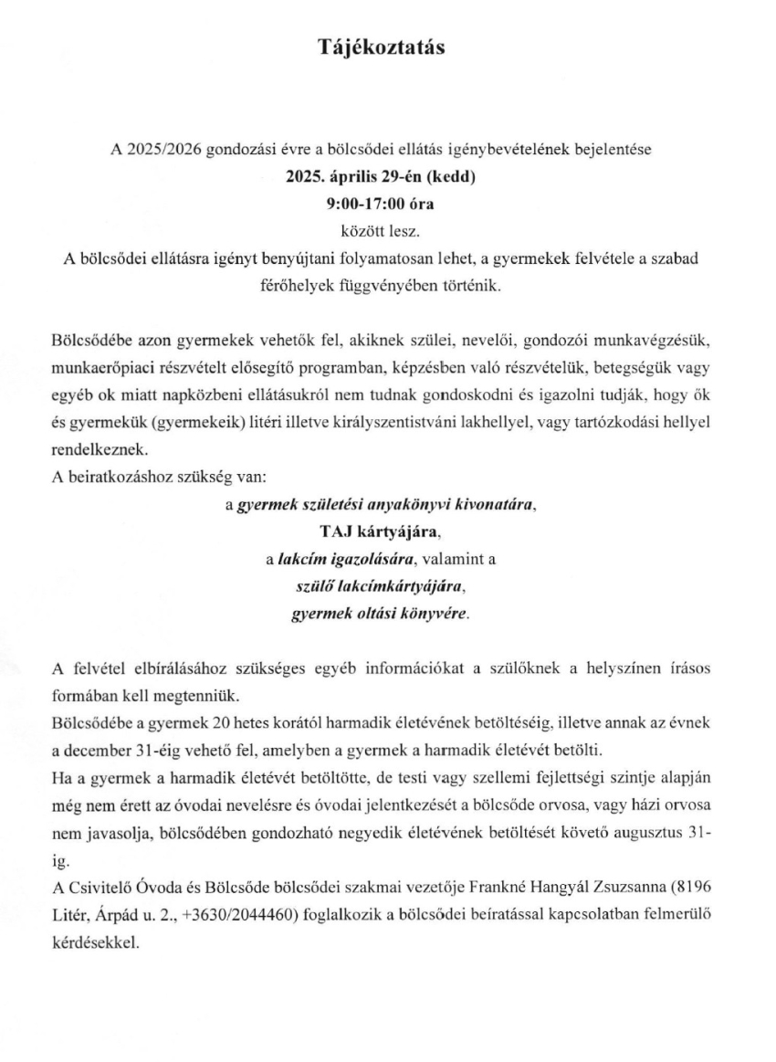 Felhívás óvodai beiratkozásra és tájékoztató bölcsődei ellátásról!