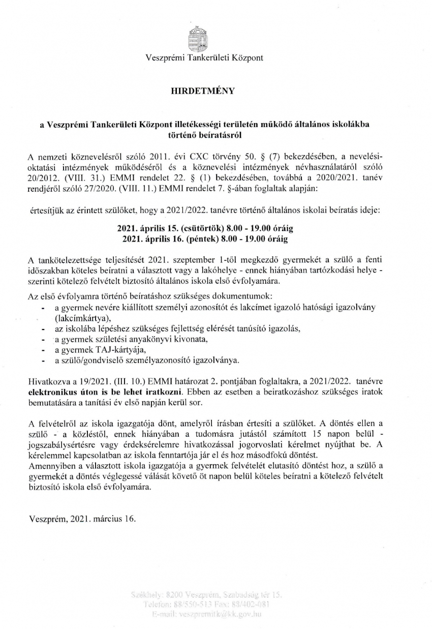 Hirdetmény a Veszprémi Tankerületi Központ illetékességi területén működő általános iskolákba történő beíratásról