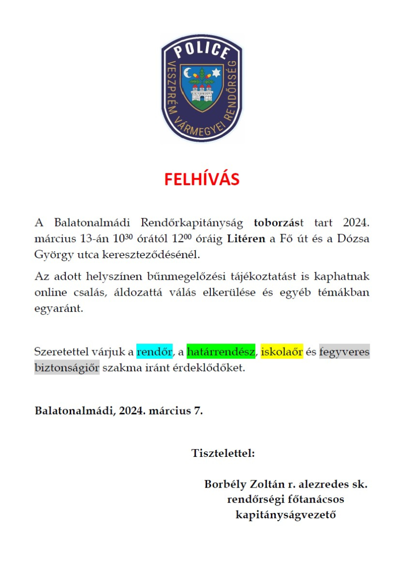 Balatonalmádi Rendőrkapitányság - Toborzás Litéren 2024.03.13.